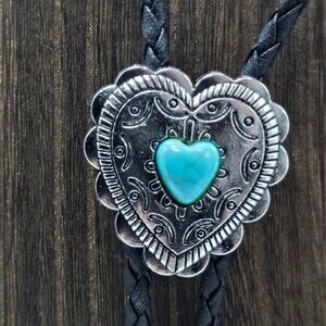 Western Wear Faux Turquoise Heart Bolo Lariat Tie Silver Tone Men's Accessories